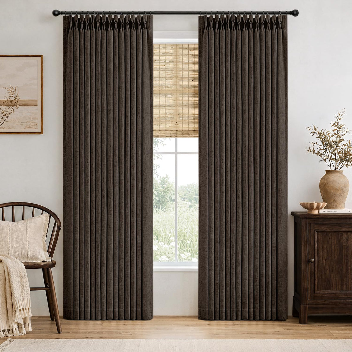 MIULEE Pinch Pleated Linen Curtains 96 Inches Long Beige White 2 Panels