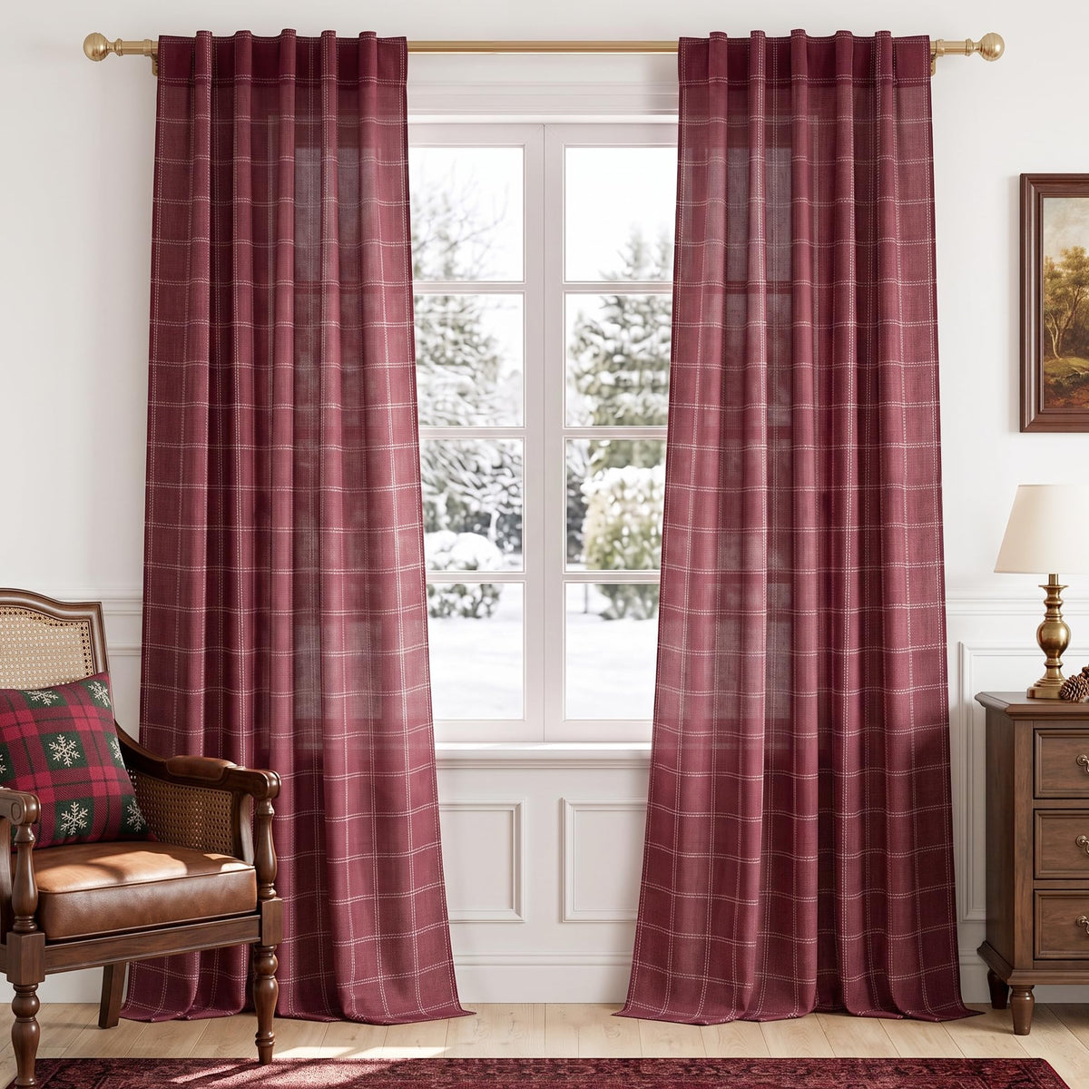NICETOWN Moss Green Linen Plaid Curtains 96 inches Long for Bedroom