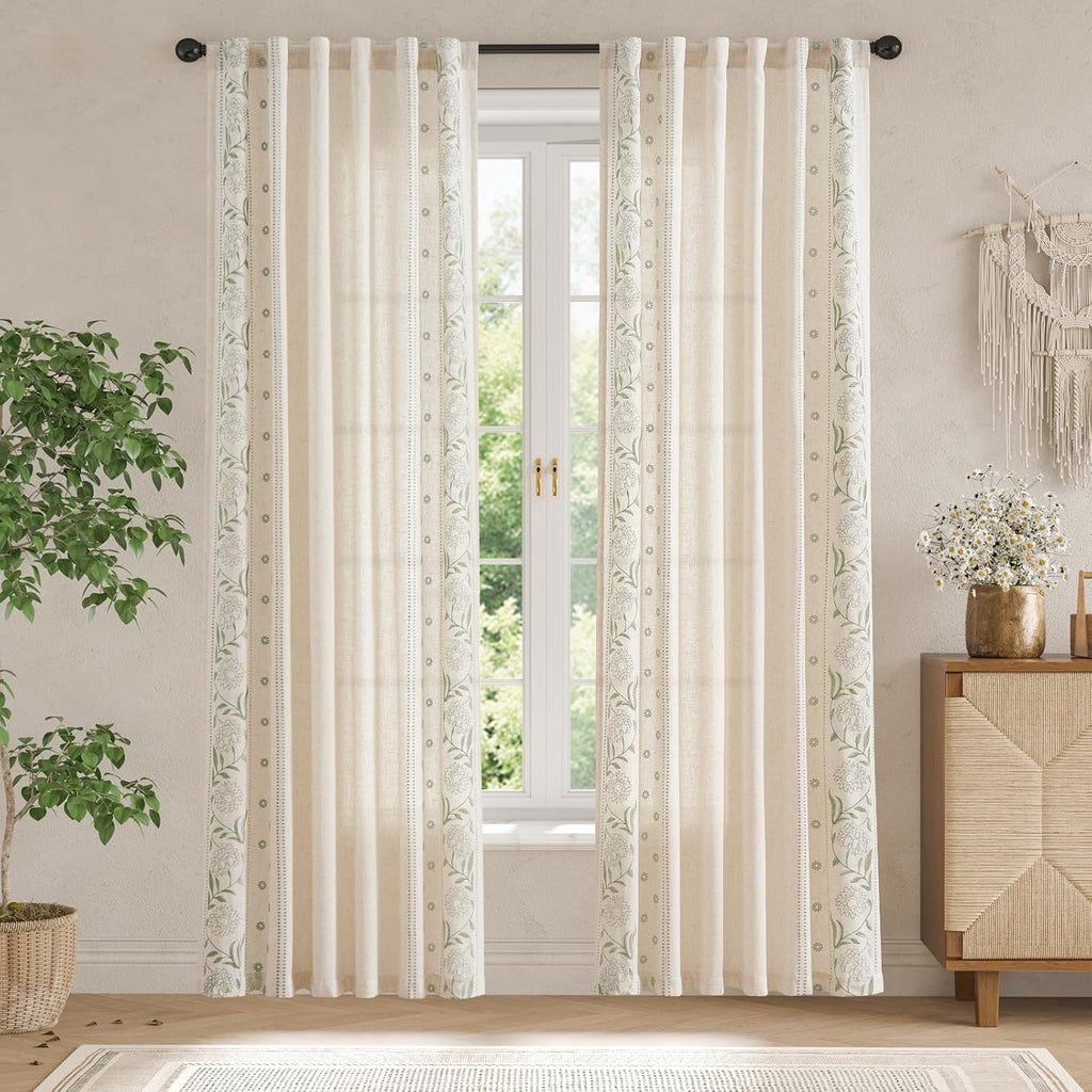 jinchan Sage Floral Linen Curtains for Living Room 84" Back Tab 2 Panels