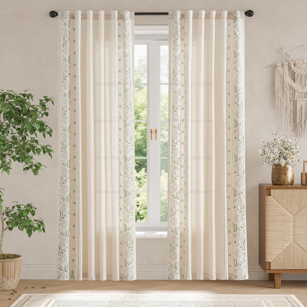 jinchan Sage Floral Linen Curtains for Living Room 84" Back Tab 2 Panels