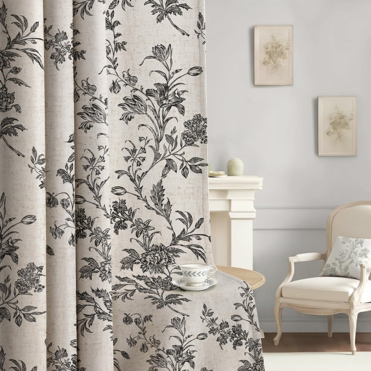 Boho Floral 100% Blackout Curtains 84 Inch 2 Panels Linen Texture