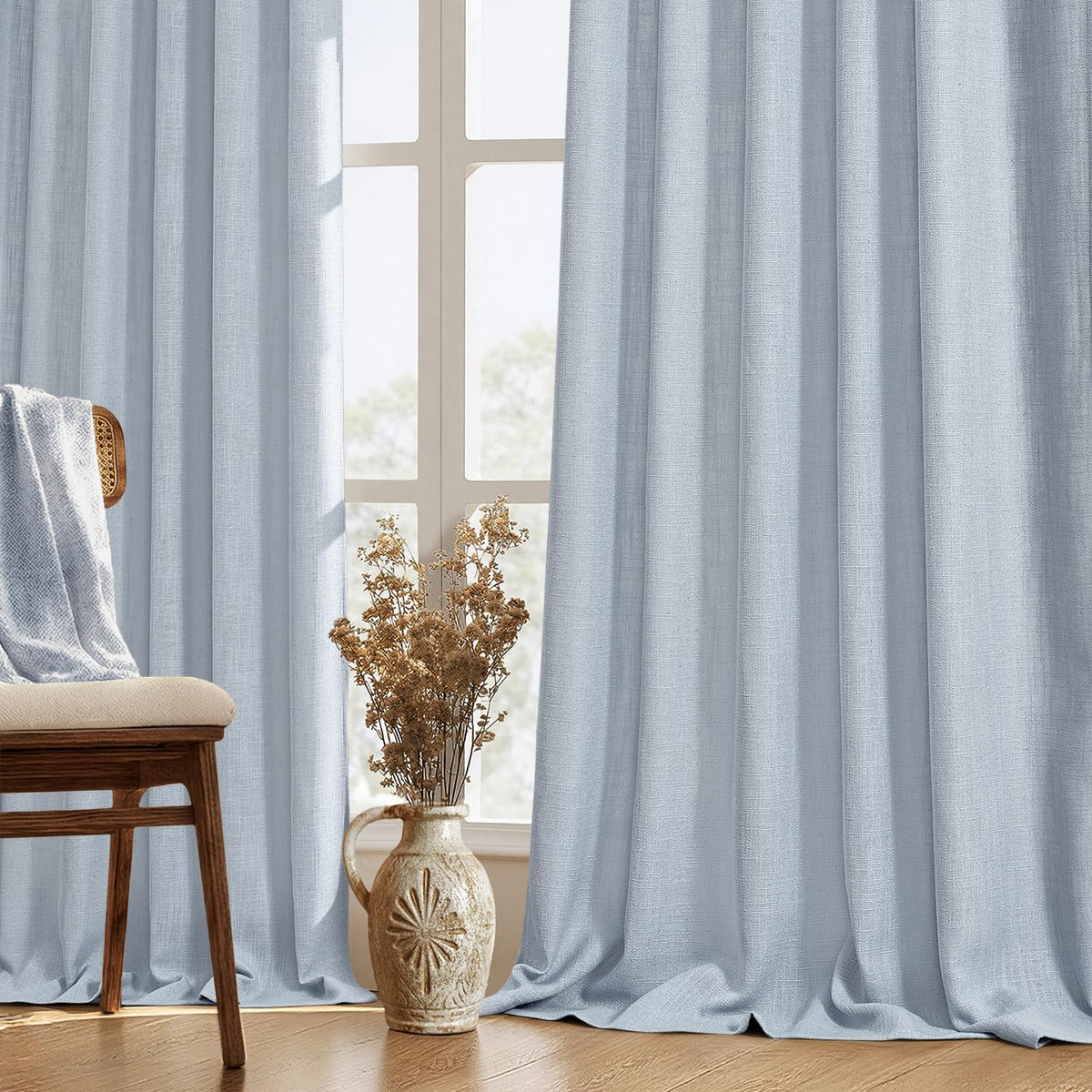 MIULEE Thick Linen Curtains, 42Wx72L, Light Blue Semi Sheer Linen Textured
