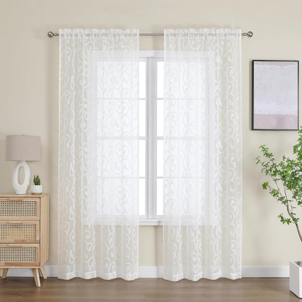 OWENIE Furman Ivory Sheer Curtains 84 inches Long for Bedroom Living Room 2 Panels Set, Jacquard Clip Light Filtering Semi Sheer Curtain Rod Pocket Window Drapes, 2 Pcs Each 40 W 84 L