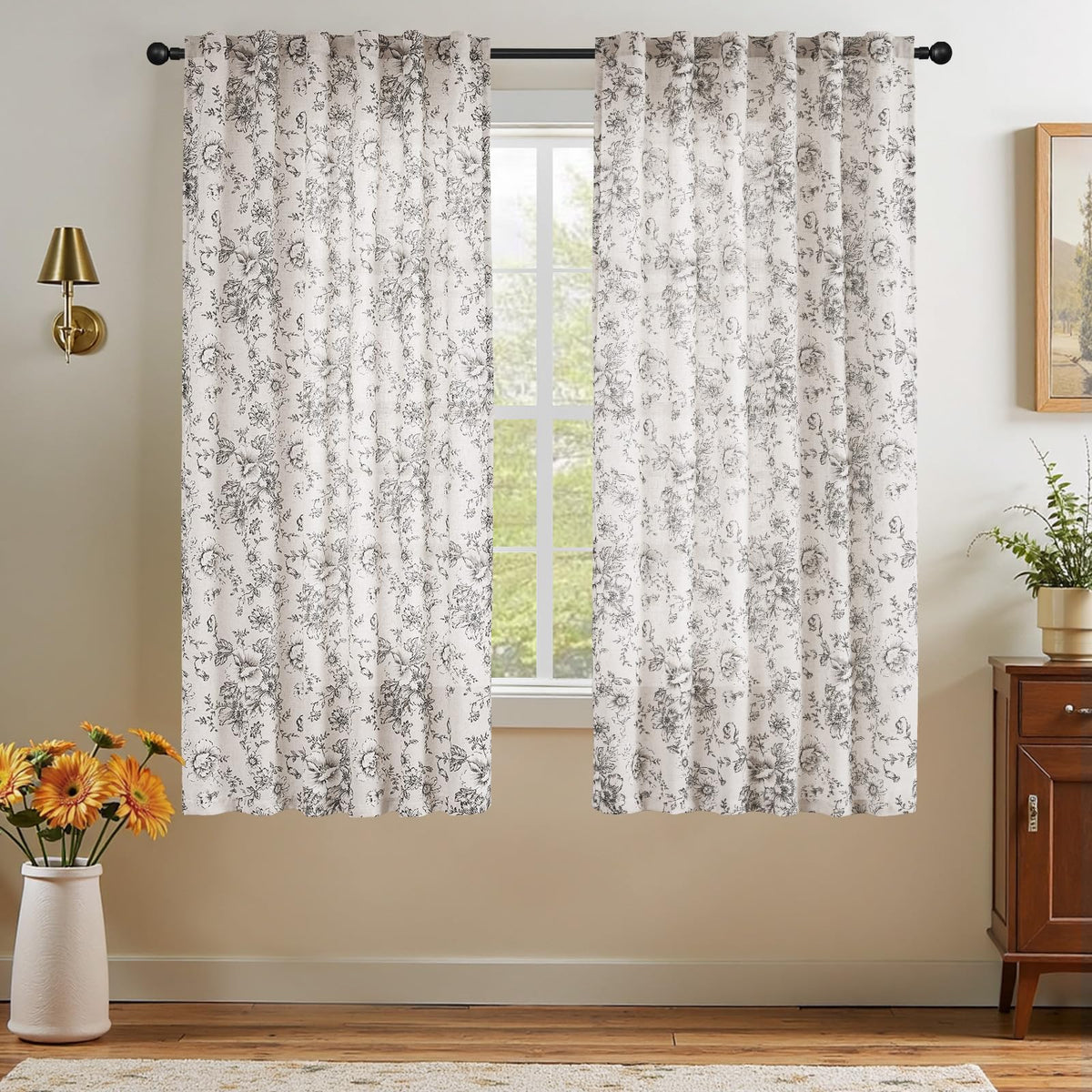 jinchan Vintage Floral Linen Curtains 84 Long for Living Room 2 Panels