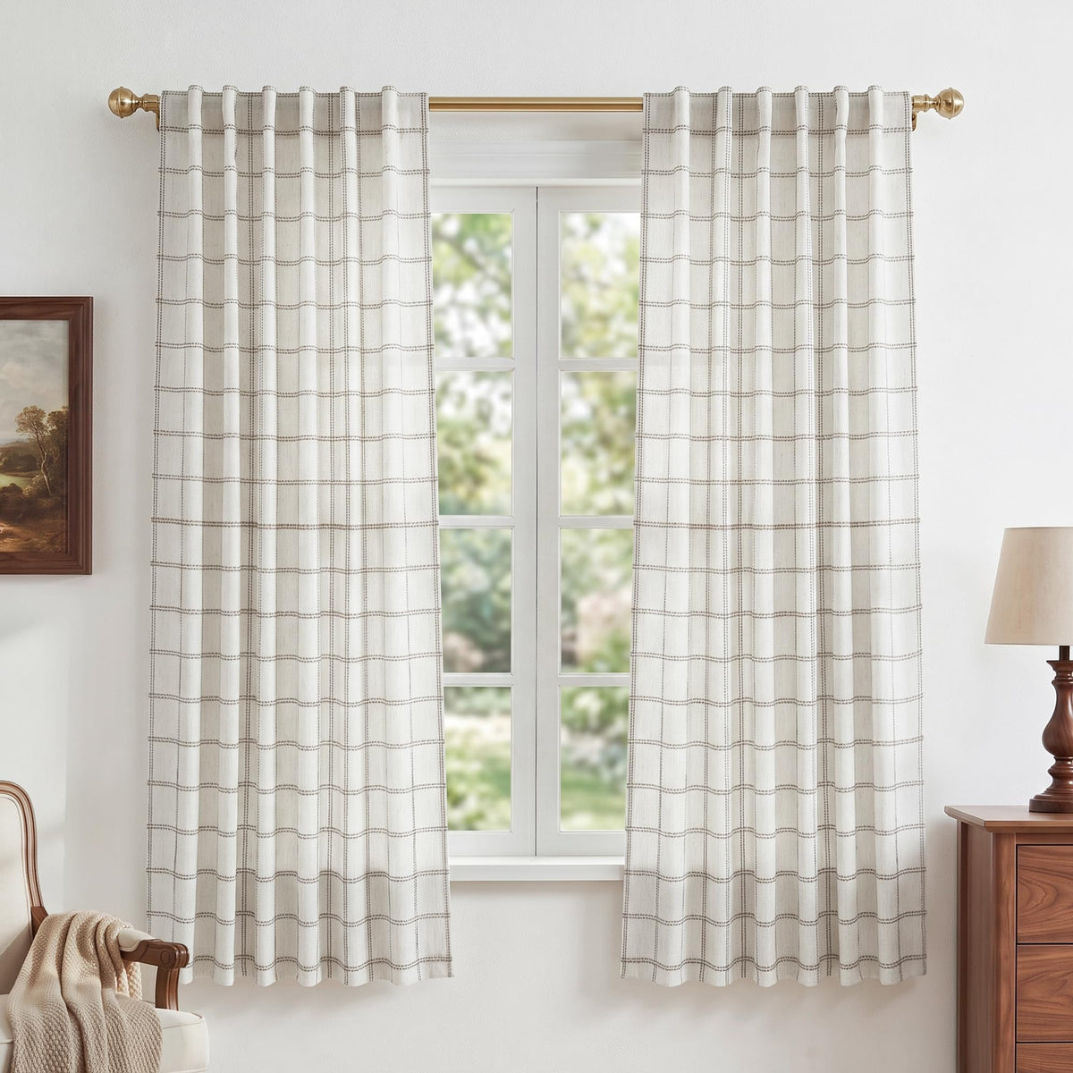 NICETOWN Moss Green Linen Plaid Curtains 96 inches Long for Bedroom