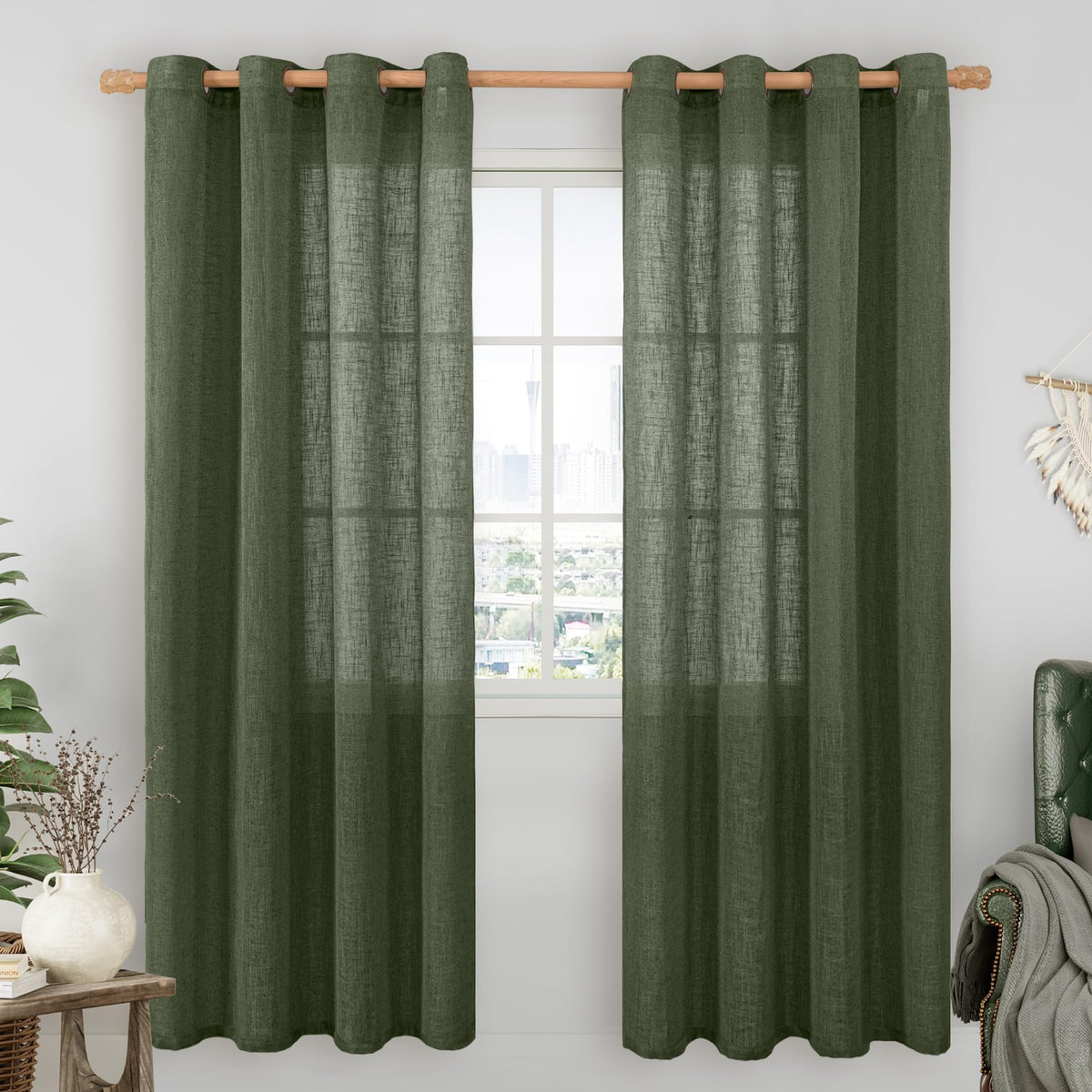 LAMIT Cream Ivory Linen Semi Sheer Curtains 84 inch Length for Bedroom