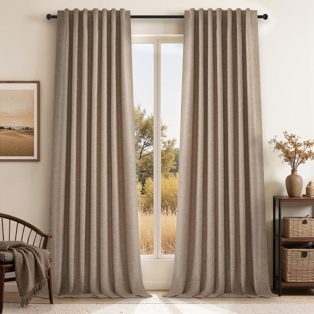 Topfinel Linen Blackout Curtains 96 Inch Long, Boho Farmhouse Ivory Birch Viral Drapes Pinch Pleated Curtains with Hooks for Living Room, Neutral 8 FT Back Tab Bedroom Curtains 52" X 96" 2 Panels