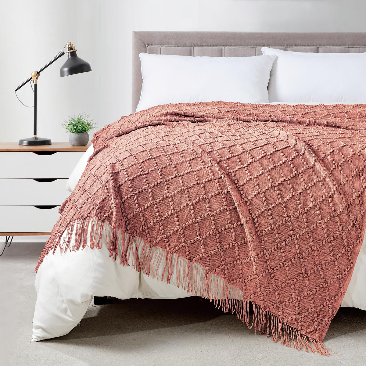 BOURINA Beige Throw Blanket 50x60 Inch Boho Knitted Soft Throw Sofa Blanket