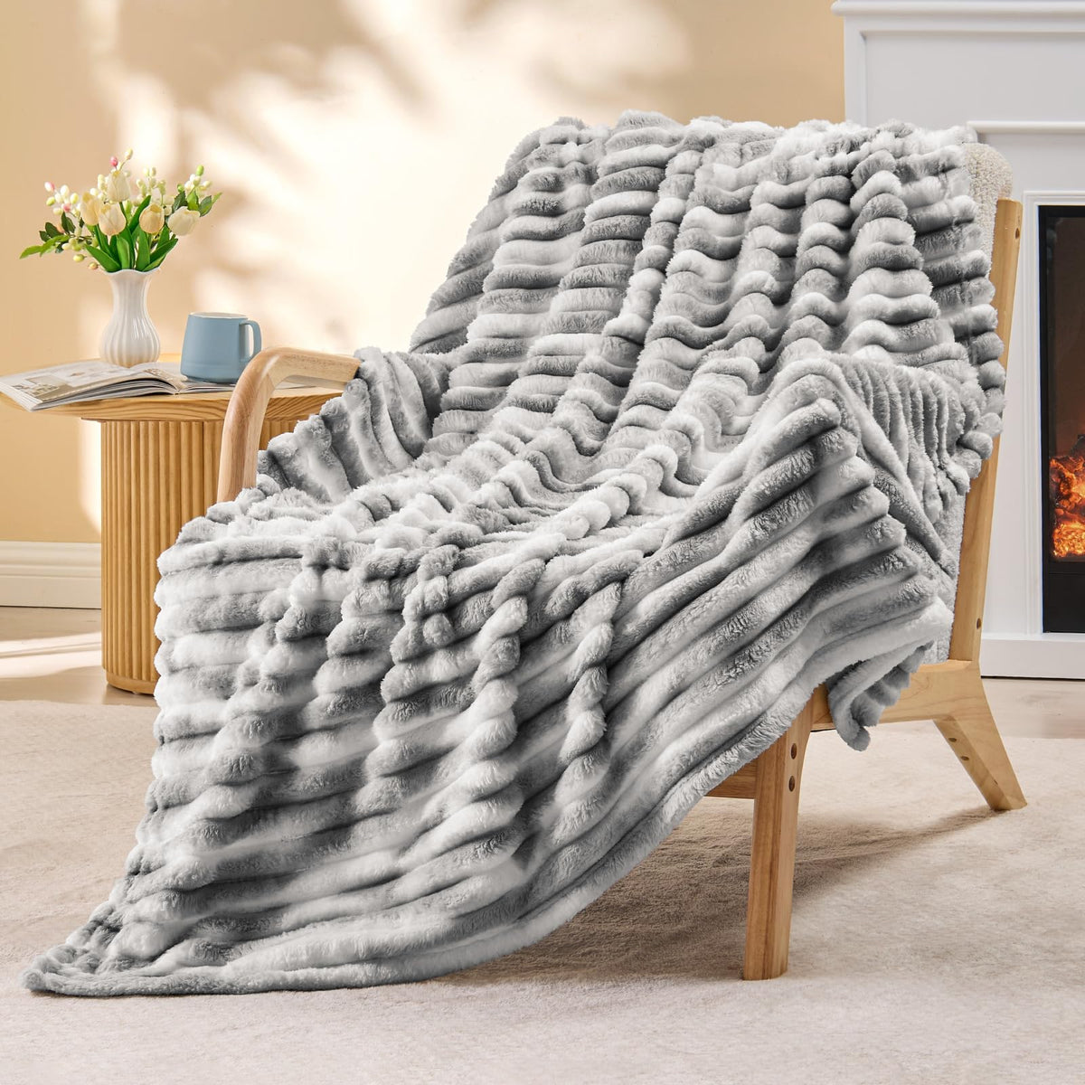 BEDELITE Ribbed Fleece Throw Blanket for Couch, Cream, 50"x60"