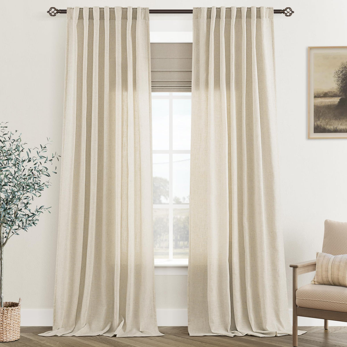 96 inch Long Linen Curtains 2 Panels for Living Room Back Tab Cream Ivory Light Filtering Semi Sheer Curtain 96 inches Long Boho Farmhouse Rustic Linen Drapes Floor to Ceiling Length 8 FT