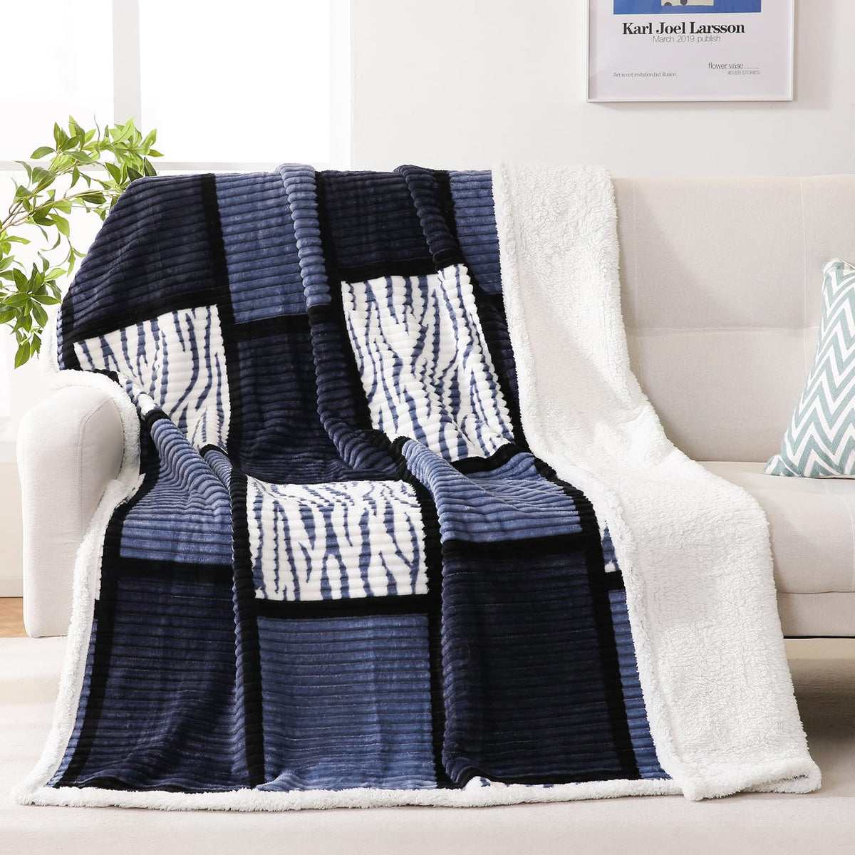 PU MEI Sherpa Fleece Throw Blanket 60" x 80" Reversible Plush Fluffy Large Big Blanket Lattice Flannel Blankets for Sofa Couch Bed (Grey-Soft Blue, 60"*80")