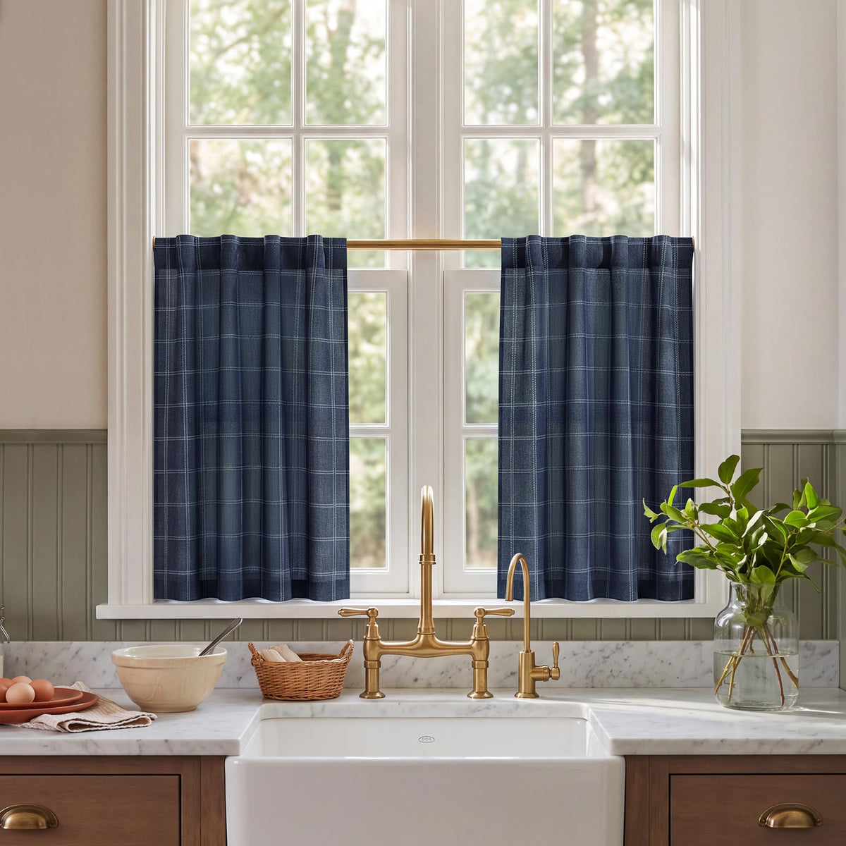NICETOWN Moss Green Linen Plaid Curtains 96 inches Long for Bedroom