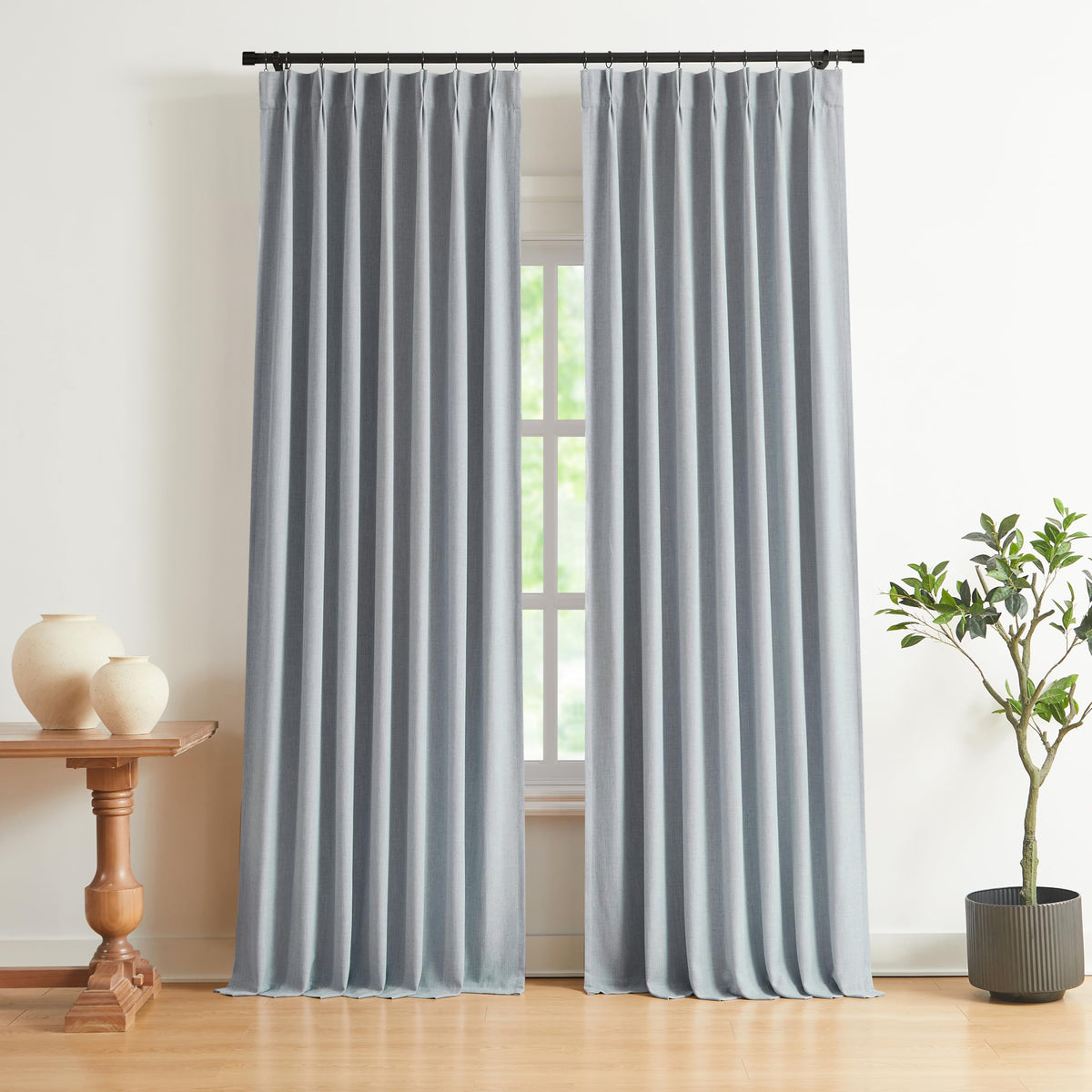 Vision Home Pinch Pleated Full Blackout Curtains Linen Blended Room Darkening Window Curtains 84 inch for Living Room Bedroom Thermal Insulated Pinch Pleat Drapes with Hooks 2 Panel 40"Wx84"L,Blue Fog
