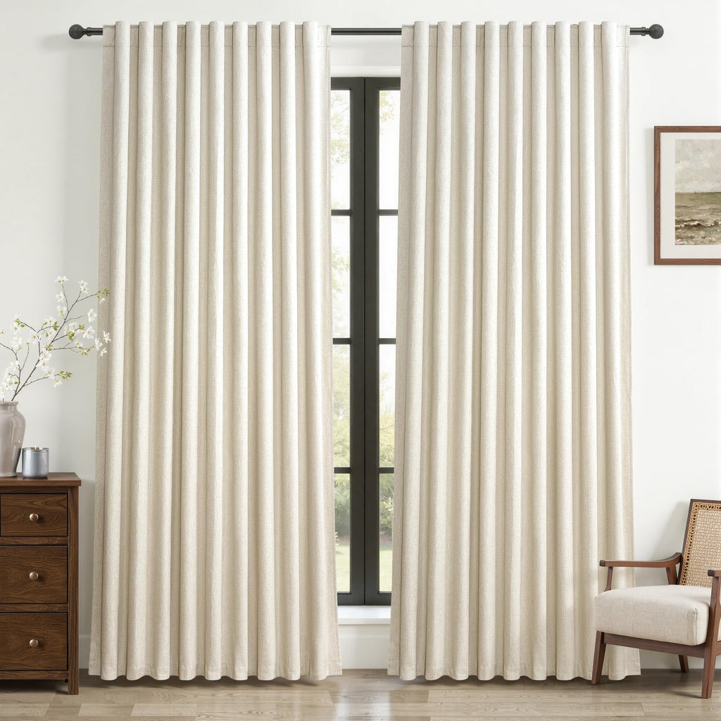 100% Blackout Curtains 84 Inch Length 2 Panels Set Farmhouse Style for Bedroom Windows/Living Room Thermal Insulated Neutral Boho Drapes Linen Blend Natural Ivory 7ft Long Hook Belt Pleated/Back Tab