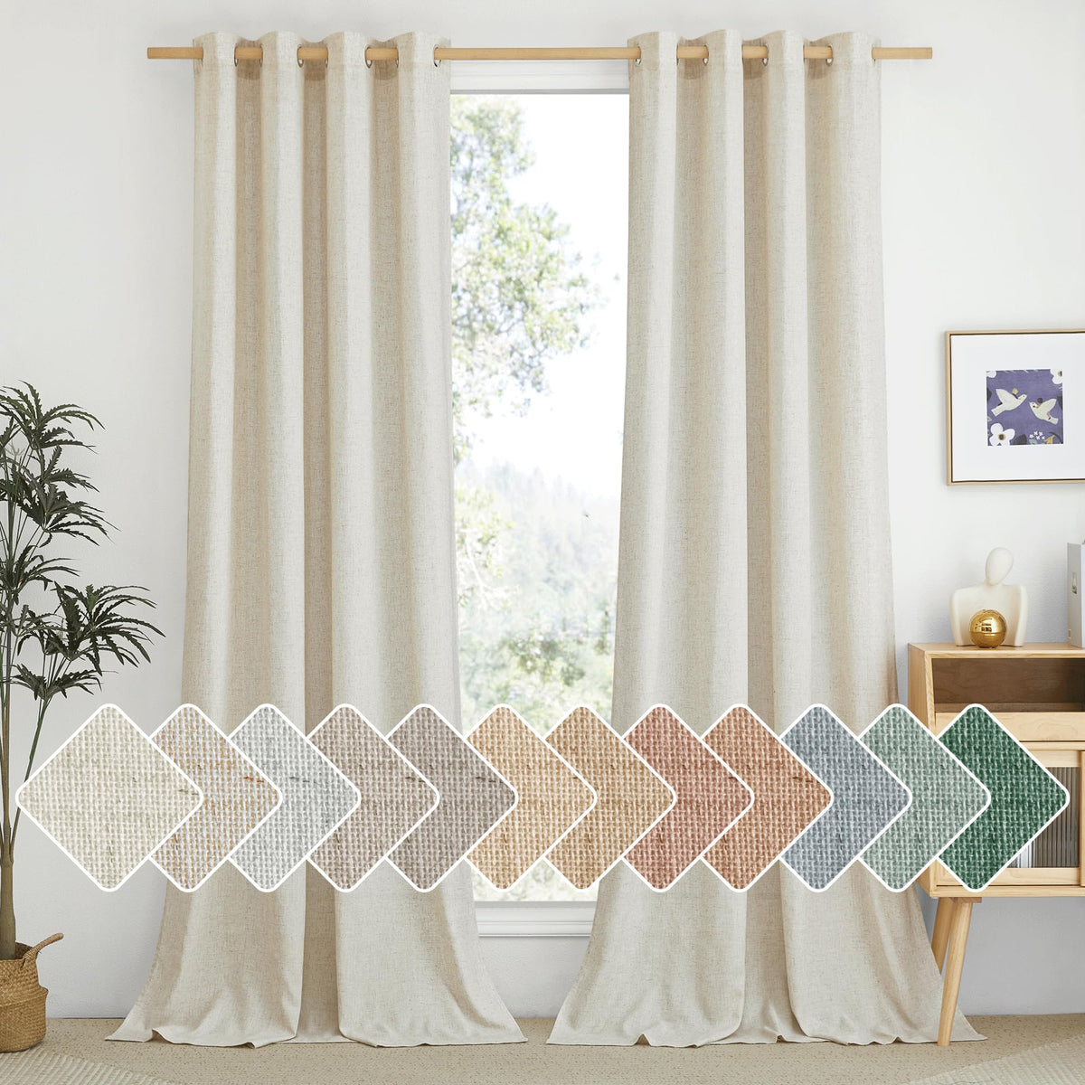 NICETOWN Natural Linen Curtains 84 inch Long 2 Panels Set, Grommet Top Thick Linen Burlap Semi Sheer Vertical Drapes Privacy Assured with Light Filtering for Bedroom/Living Room, W55 x L84