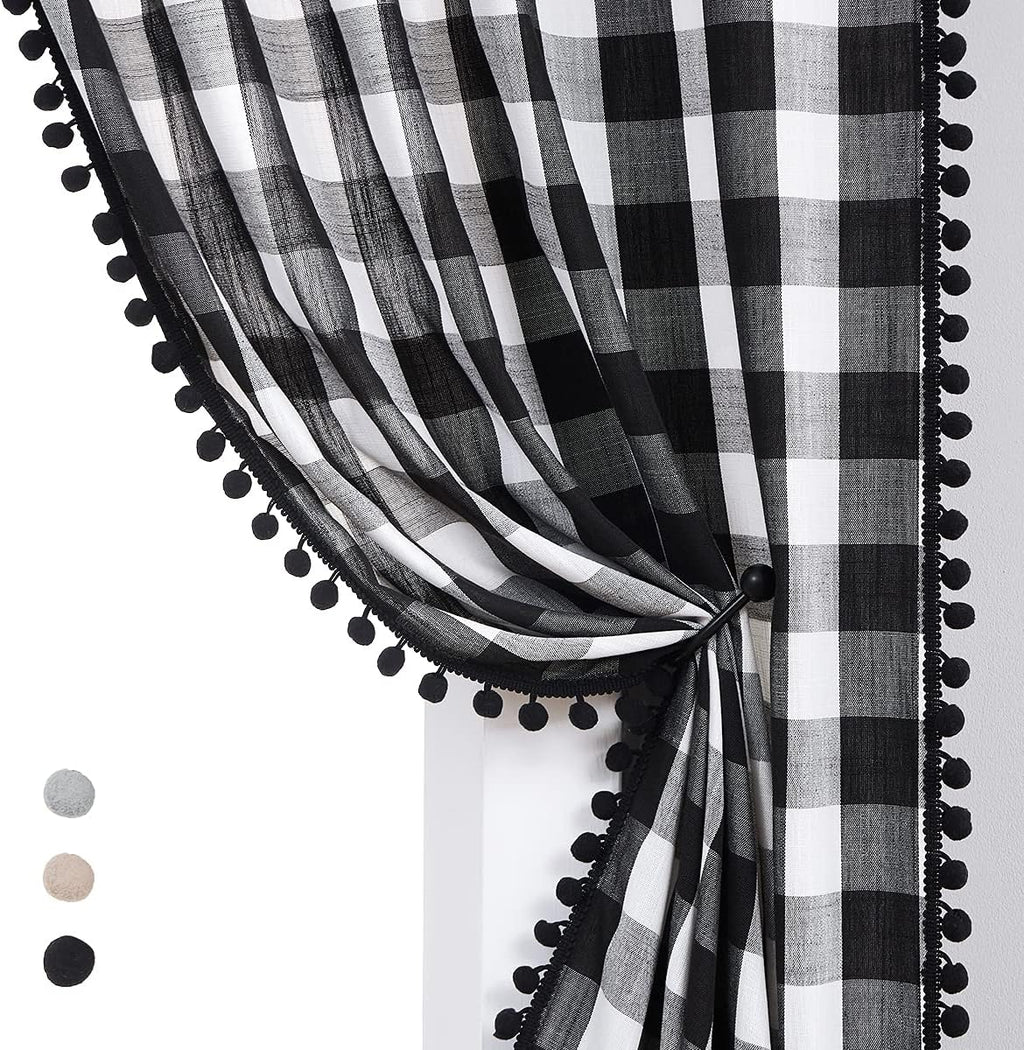 White Black Buffalo Check Curtains with PomPoms 45" SemiSheer Country Plaid