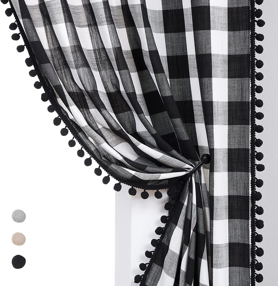 White Black Buffalo Check Curtains with PomPoms 45" SemiSheer Country Plaid