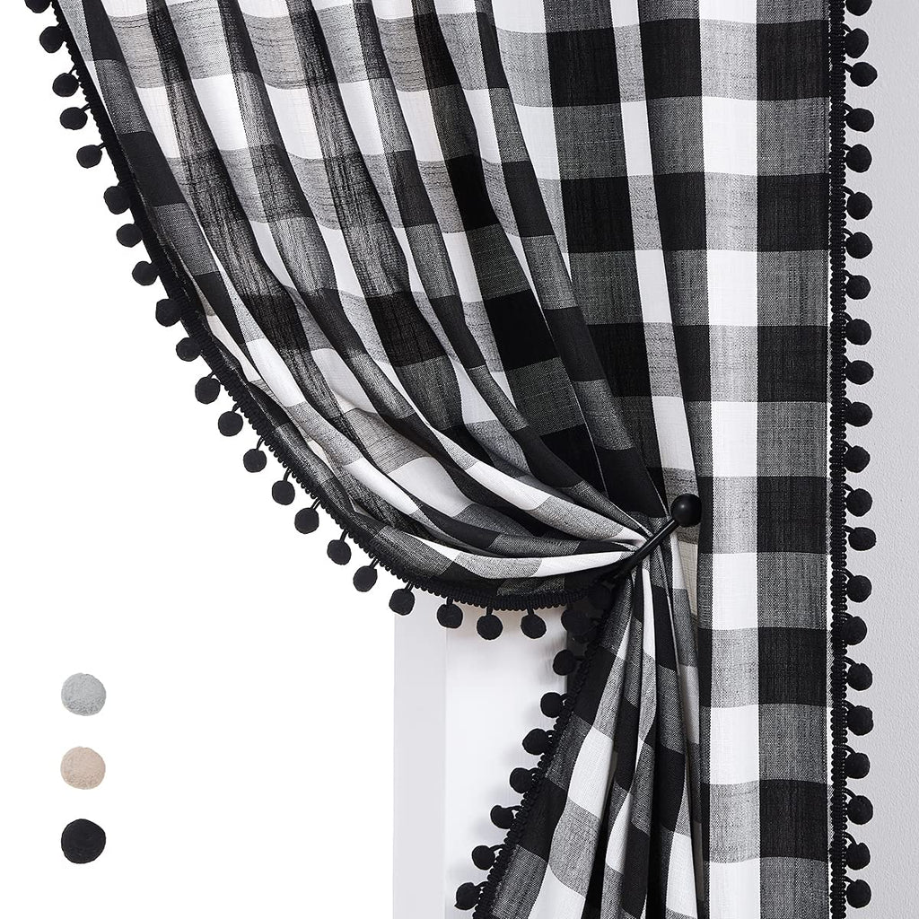 White Black Buffalo Check Curtains with PomPoms 45" SemiSheer Country Plaid