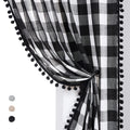 White Black Buffalo Check Curtains with PomPoms 45" SemiSheer Country Plaid