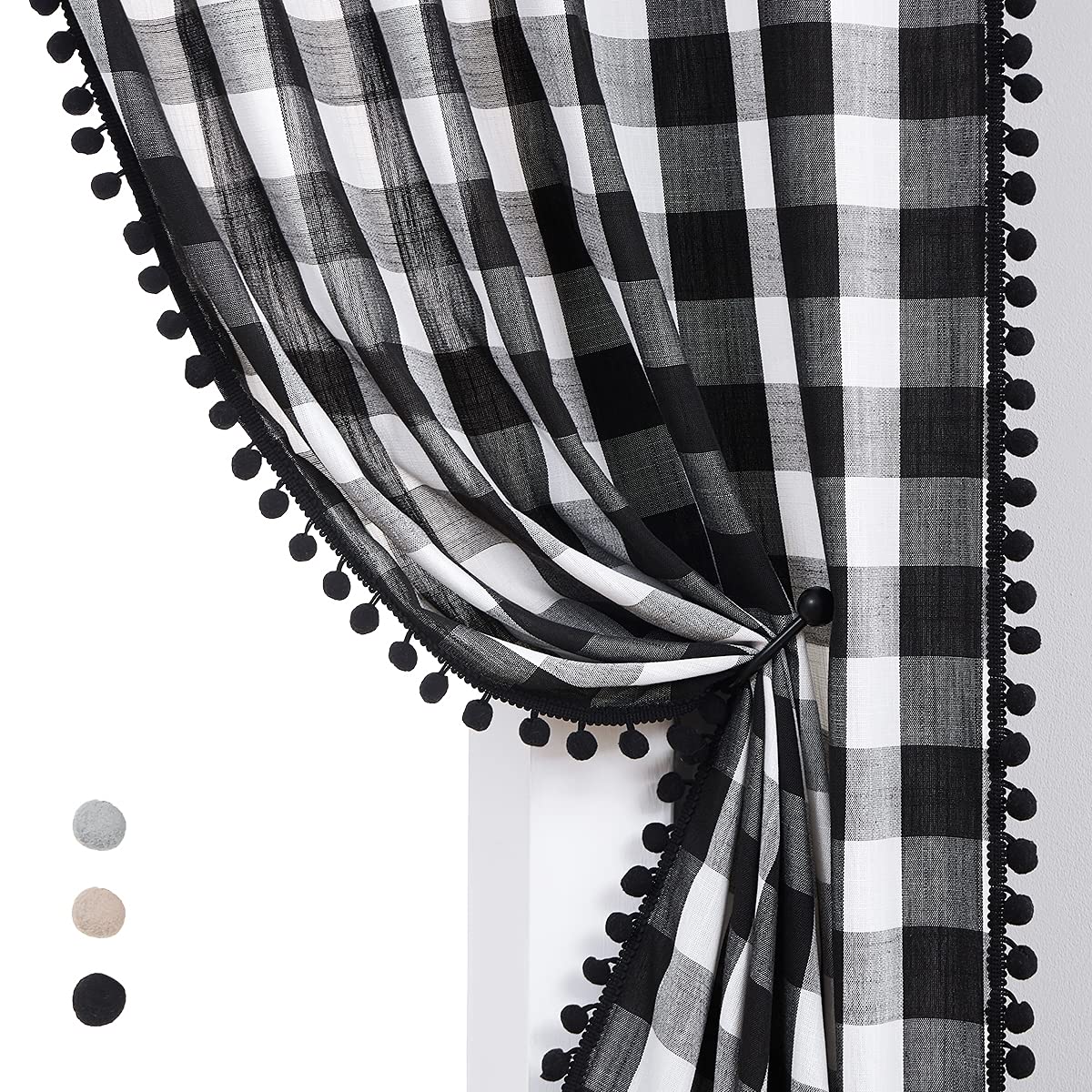 White Black Buffalo Check Curtains with PomPoms 45" SemiSheer Country Plaid