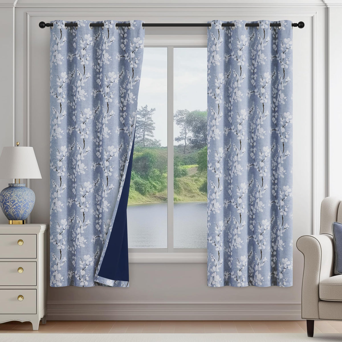 FMFUNCTEX Blue Blackout Floral Curtains, Bedroom, 100X84 Inches, 1 Panel