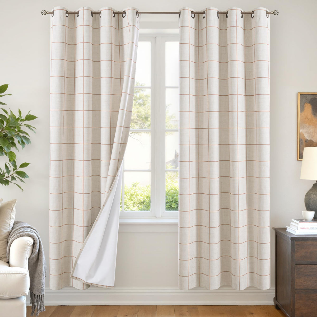 Lajode Linen Blackout Curtains - Boho Plaid 52x84 Inch 2 Panels, Natural