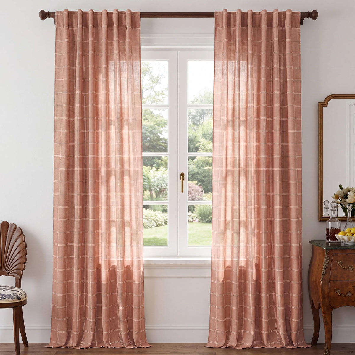 NICETOWN Moss Green Linen Plaid Curtains 96 inches Long for Bedroom