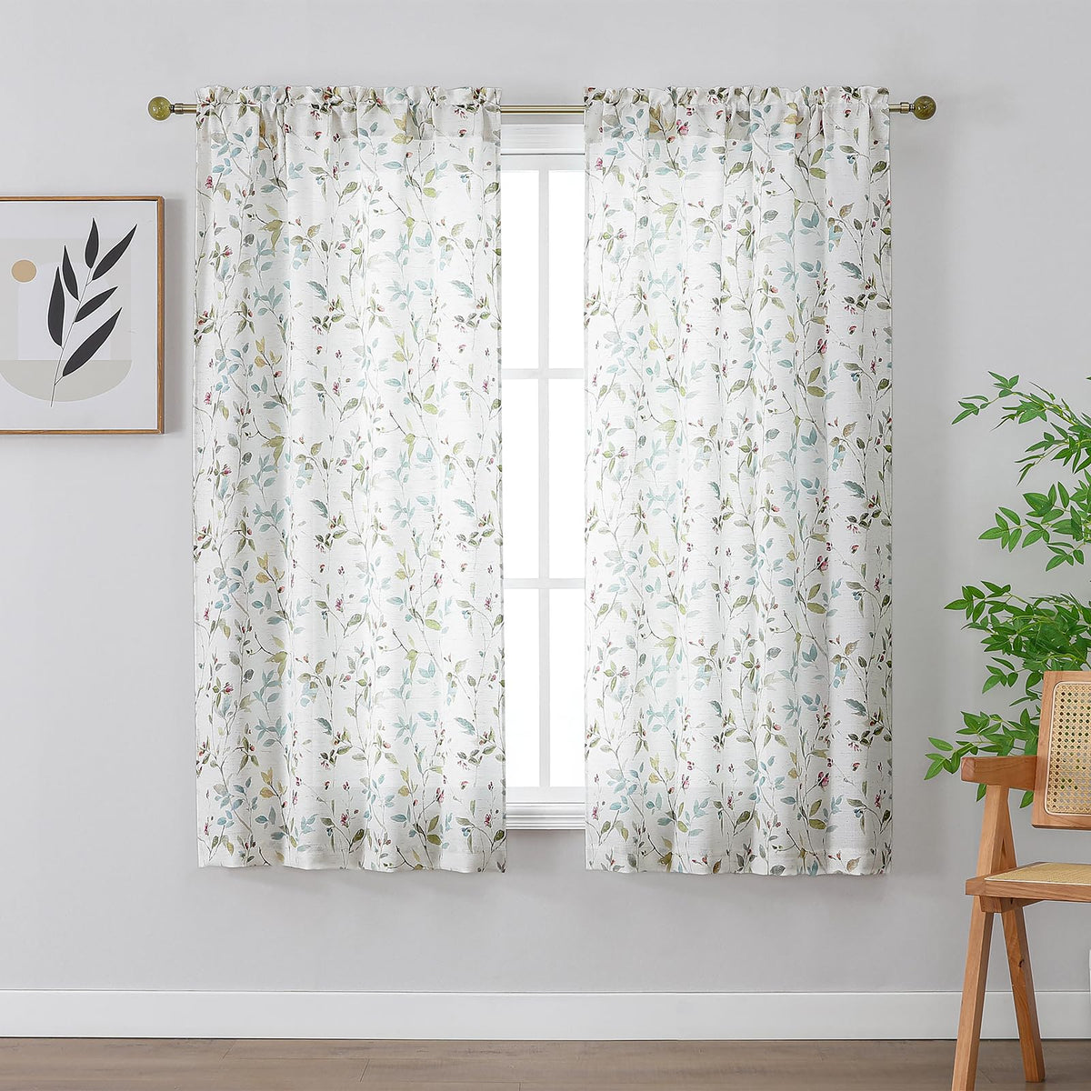 Chyhomenyc Roman Linen Blend Curtains 45 Inch Length 2 Panels, Light Filtering Soft Airy Leaf Floral Printed Rod Pocket Textured Window Treatment Drapes for Living Room Bedroom, 38Wx45L Inch, 2 PCS