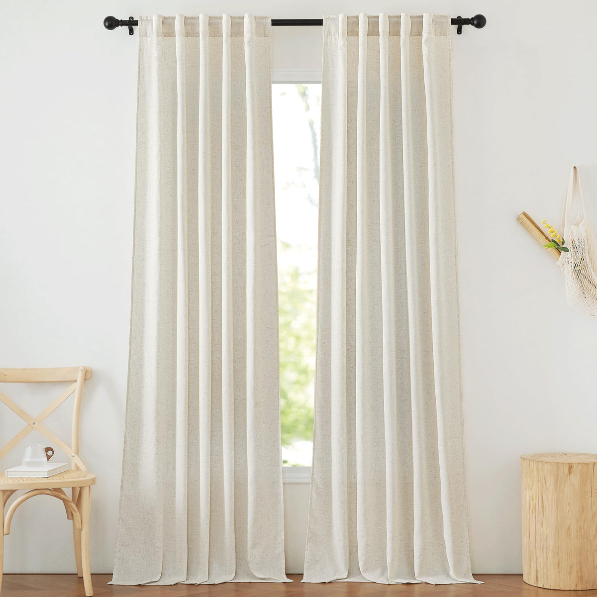 NICETOWN Flax Sheer Linen Curtains for Living Room 95 inch Long 2 Panels, Rod Pocket & Back Tab Semi Sheer Drapes Privacy Added with Light Filtering for Bedroom/Living Room, Natural, W55 x L95
