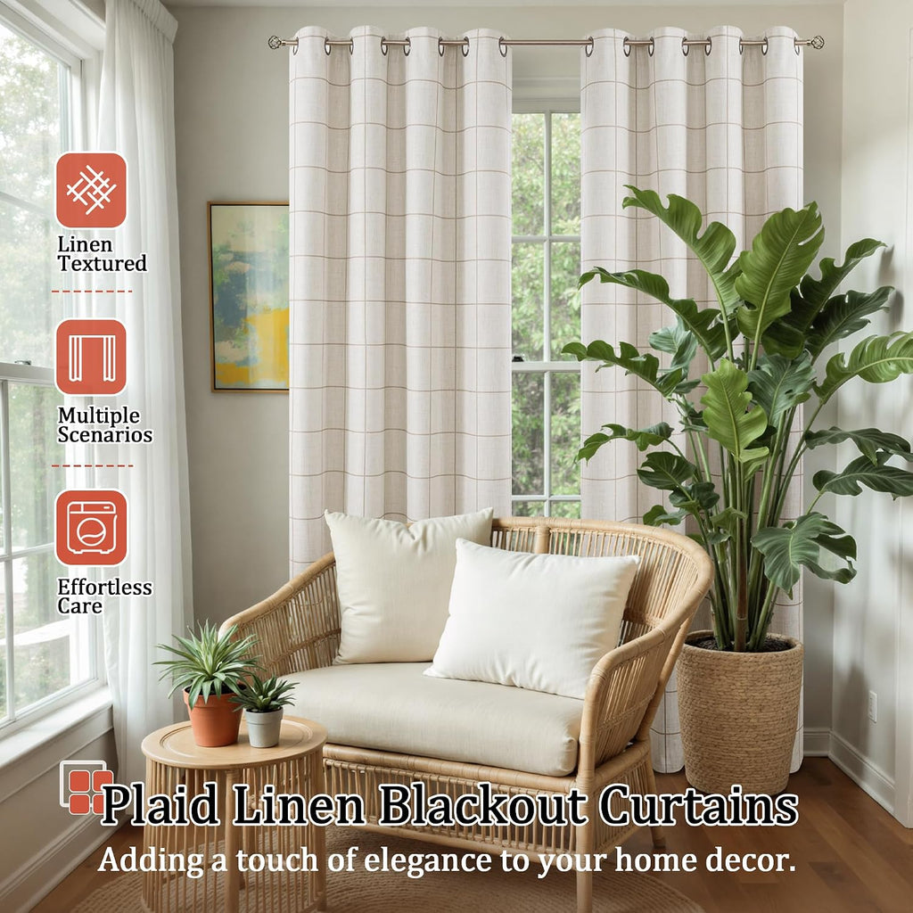 Lajode Linen Blackout Curtains - Boho Plaid 52x84 Inch 2 Panels, Natural