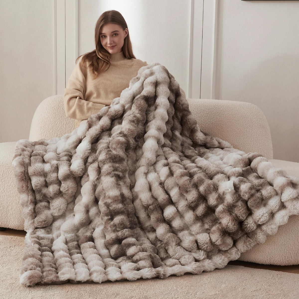 COOVA Soft Bubble Faux Fur Throw Blanket, 50"x60", Tie-dye Brown