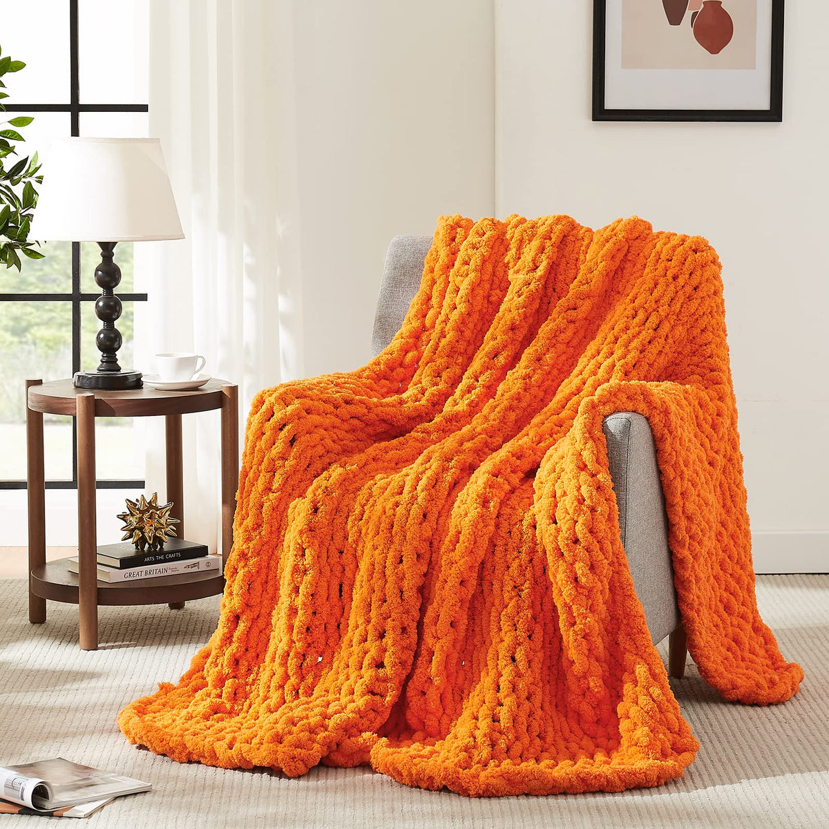 L'AGRATY Chunky Knit Throw Blanket for Couch, 50'' x 60'' Knit Throw, Ivory