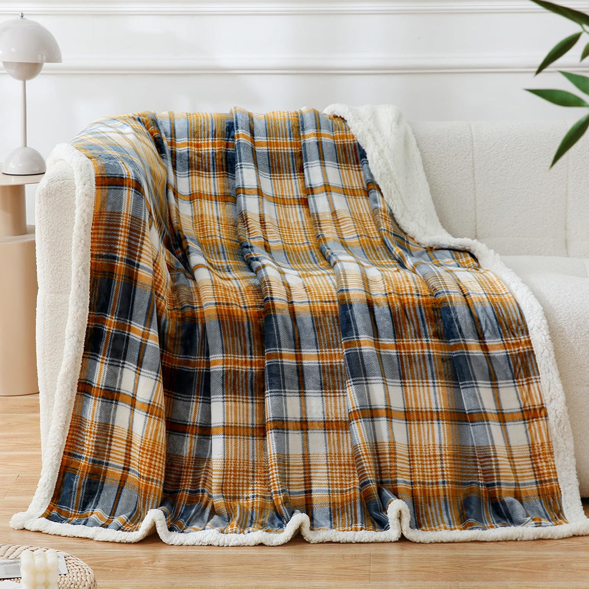 PU MEI Sherpa Fleece Throw Blanket 60" x 80" Reversible Plush Fluffy Large Big Blanket Lattice Flannel Blankets for Sofa Couch Bed (Grey-Soft Blue, 60"*80")