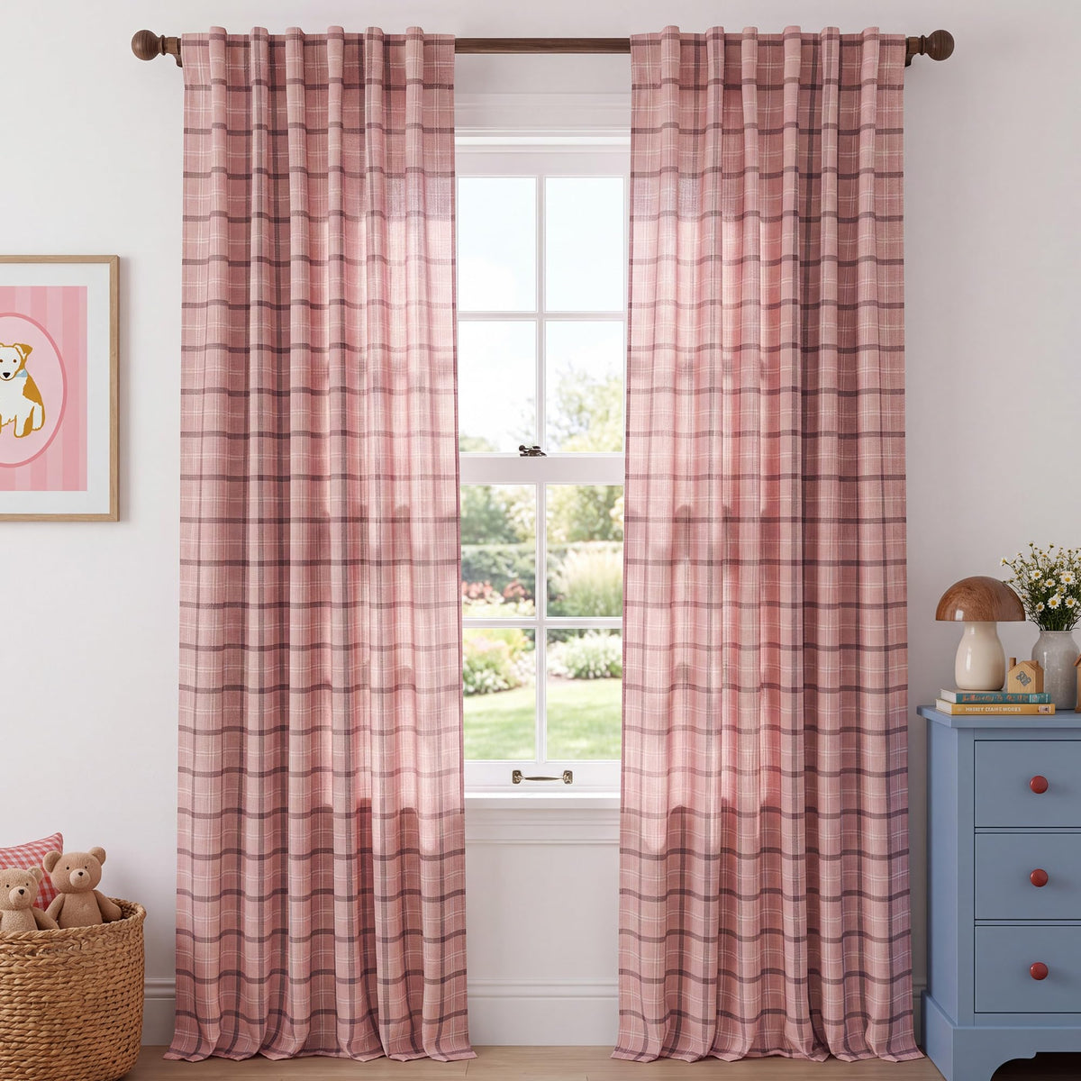 NICETOWN Moss Green Linen Plaid Curtains 96 inches Long for Bedroom