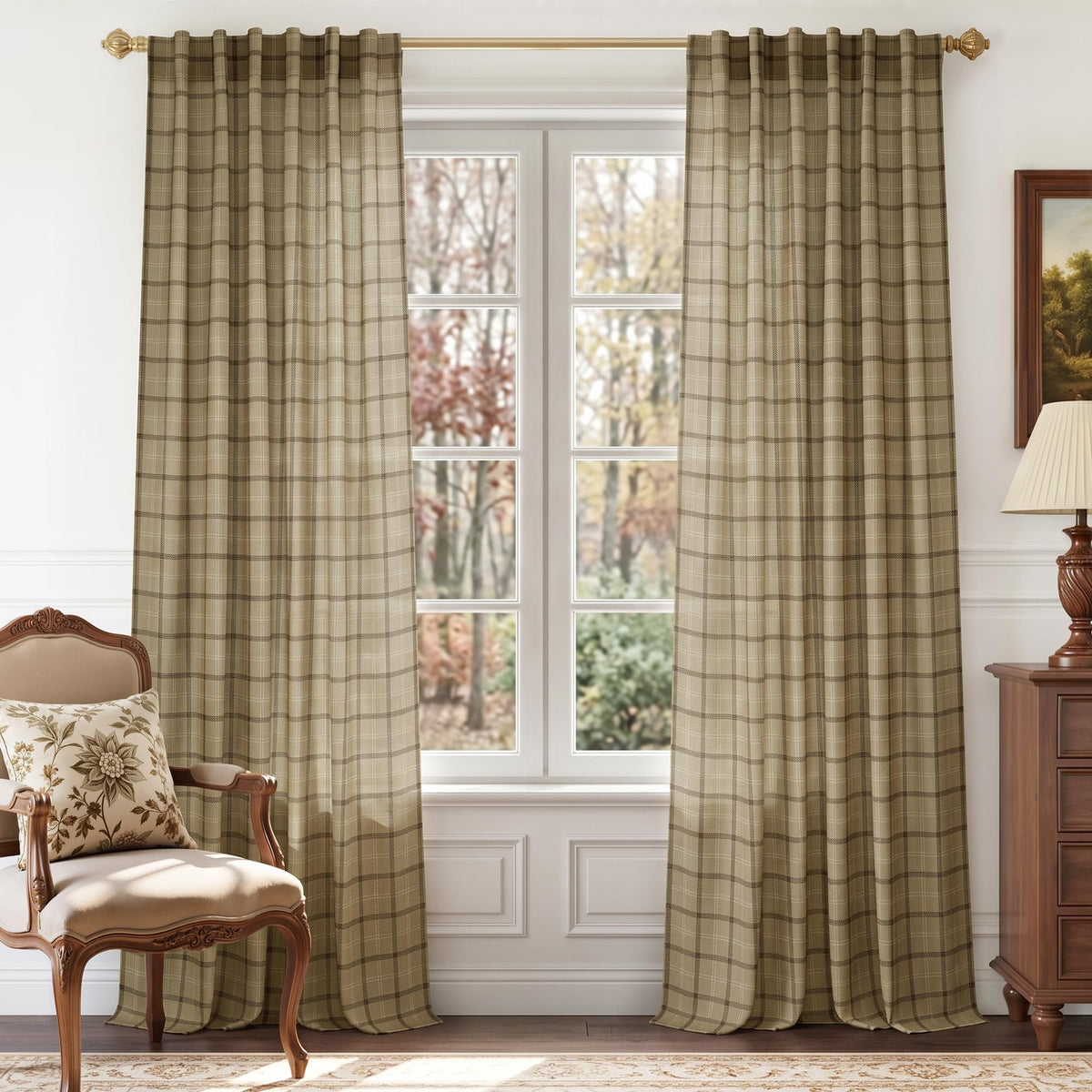 NICETOWN Moss Green Linen Plaid Curtains 96 inches Long for Bedroom