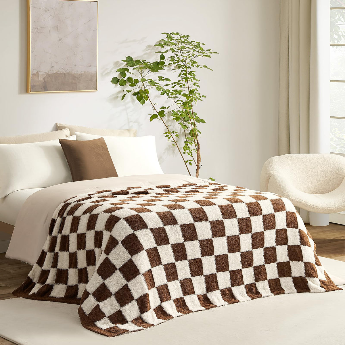 Snuggle Sac Fall Checkered Throw Blanket Faux Fur Microfiber Blankets for Couch,Cozy Soft Warm Blanket for Sofa Bedroom Living Room,Beige Checker,50x60 inches