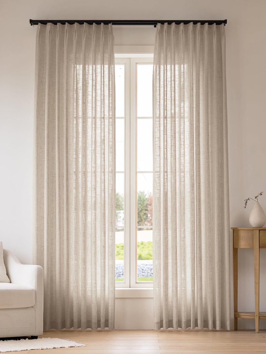 Liz Sheer Pinch Pleated Linen Curtains 90 Inches Long - Light Filtering Pleat Curtains for Living Room,Window Curtains for Bedroom, Luxury Pinch Pleated Drapes with Hooks, Natural, 2 Panels Set