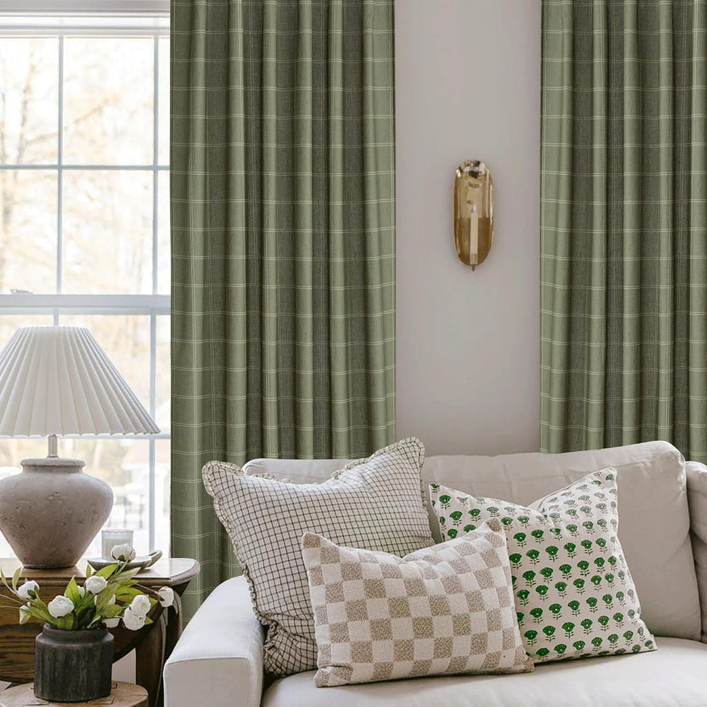 NICETOWN Moss Green Linen Plaid Curtains 96 inches Long for Bedroom