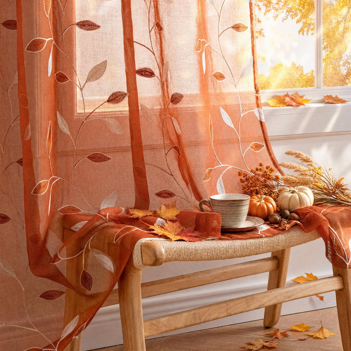 MIULEE Sage Green Sheer Curtains 2 Panels Leaf Patterned, W52 x L84