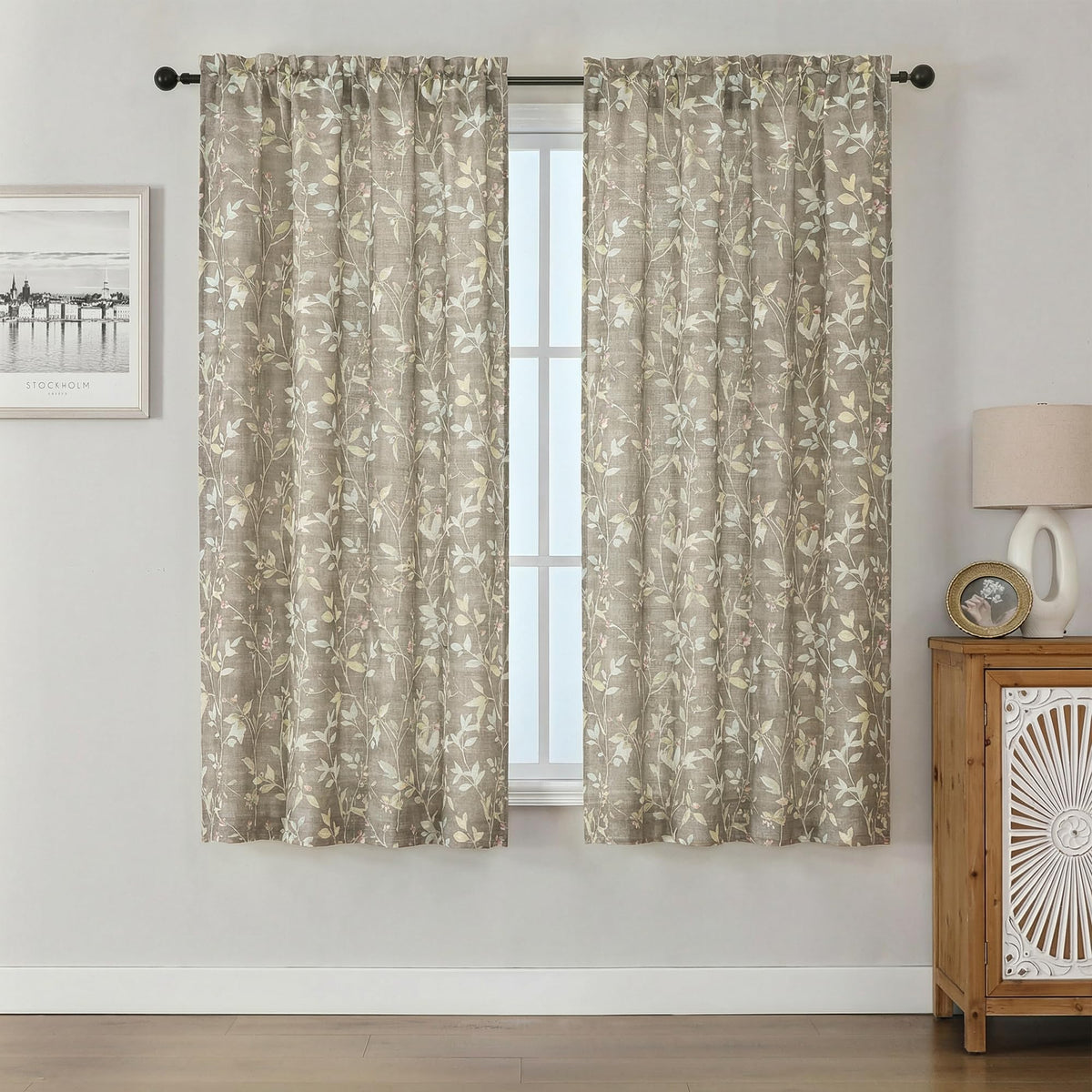 Chyhomenyc Roman Linen Blend Curtains 45 Inch Length 2 Panels, Light Filtering Soft Airy Leaf Floral Printed Rod Pocket Textured Window Treatment Drapes for Living Room Bedroom, 38Wx45L Inch, 2 PCS