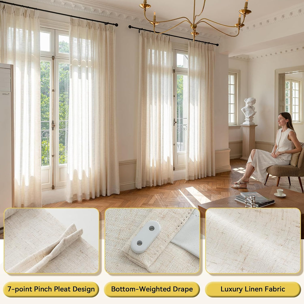 Liz Sheer Pinch Pleated Linen Curtains 90 Inches Long - Light Filtering Pleat Curtains for Living Room,Window Curtains for Bedroom, Luxury Pinch Pleated Drapes with Hooks, Natural, 2 Panels Set