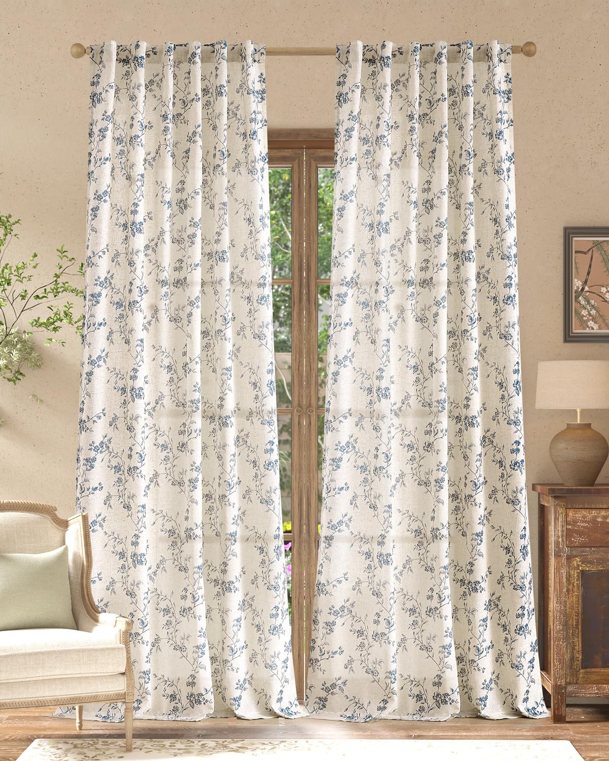 jinchan Taupe Floral Linen Curtains 84 Inch Farmhouse Back Tab 2 Panels