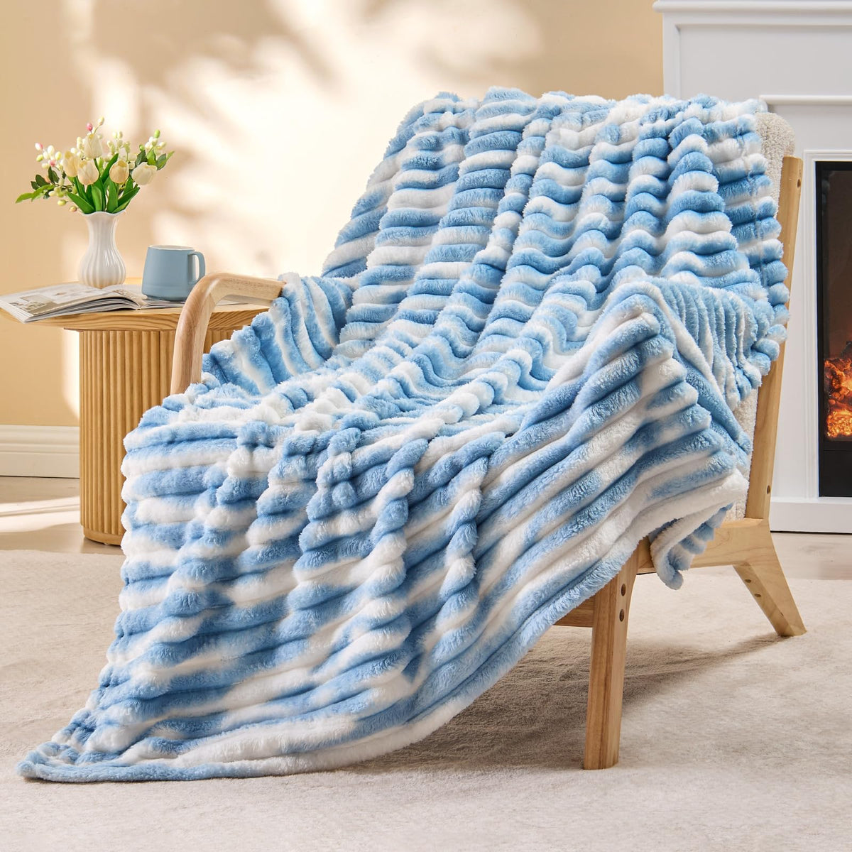 BEDELITE Ribbed Fleece Throw Blanket for Couch, Cream, 50"x60"