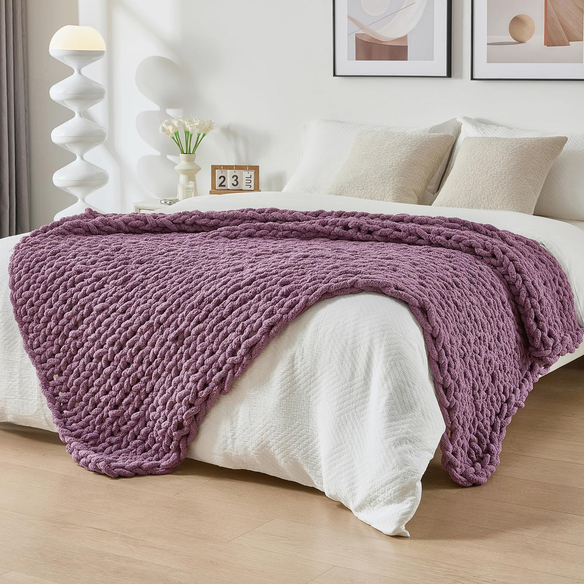 Bigacogo Chunky Knit Throw Blanket for Couch, 40x60 inches, Beige