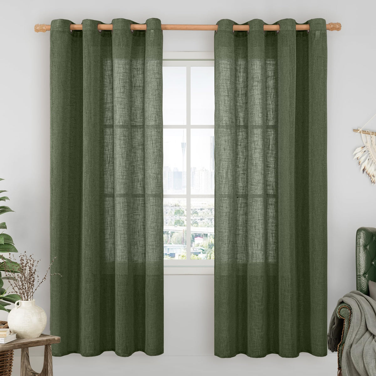 LAMIT Cream Ivory Linen Semi Sheer Curtains 84 inch Length for Bedroom