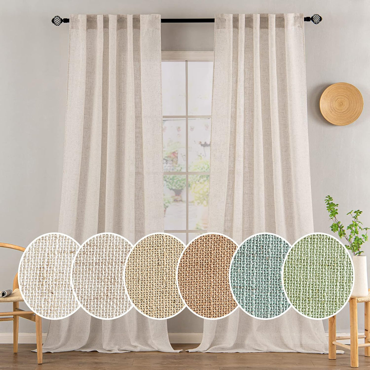 MIULEE Natural White Linen Curtains 52x90 Inch Long 2 Panels for Bedroom