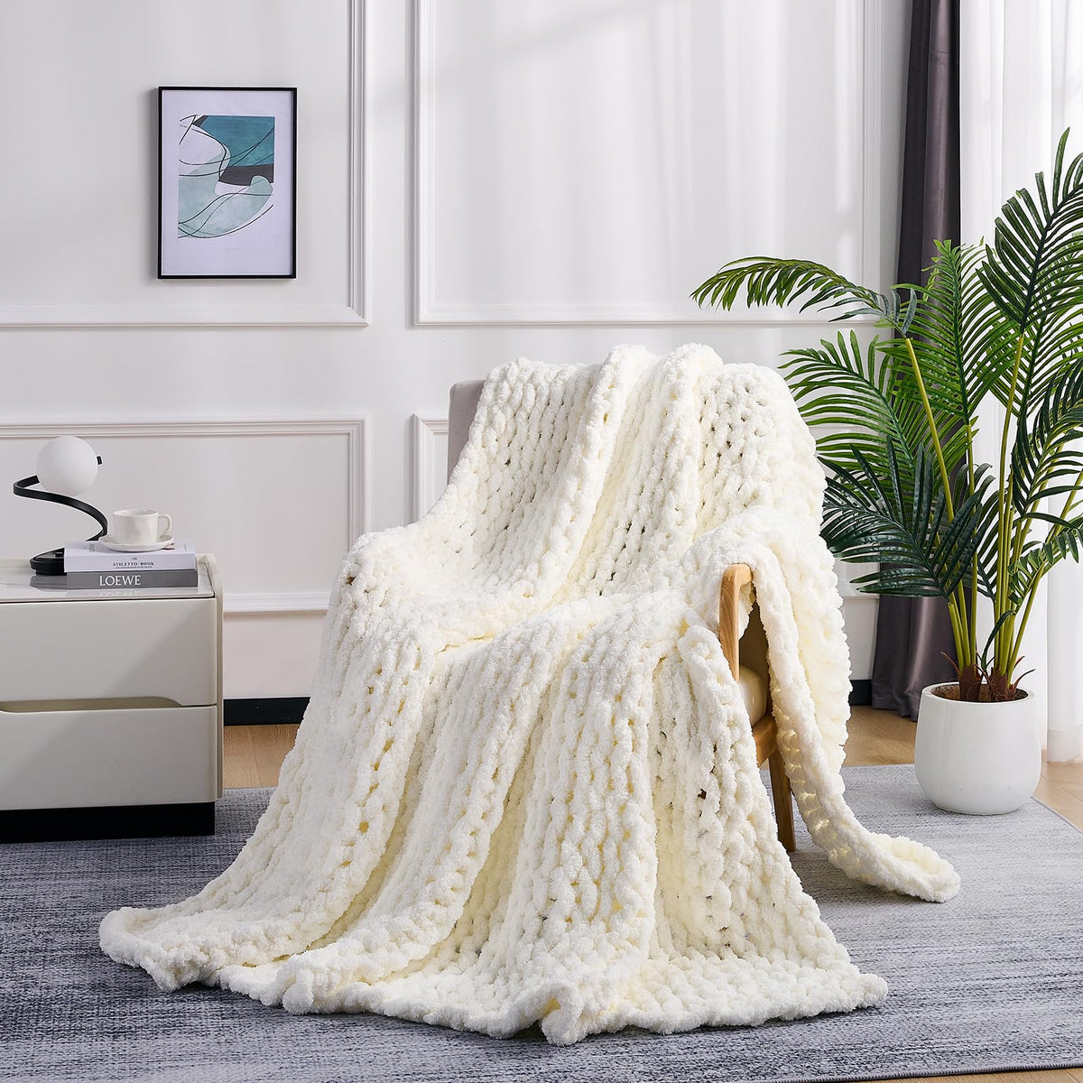 L'AGRATY Chunky Knit Throw Blanket for Couch, 50'' x 60'' Knit Throw, Ivory