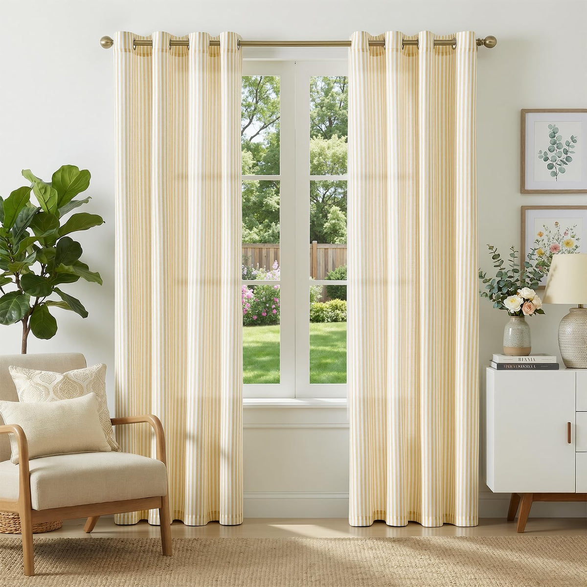 jinchan Linen Curtains 84 Inch Taupe Grey Stripe on Beige Grommet 2 Panels