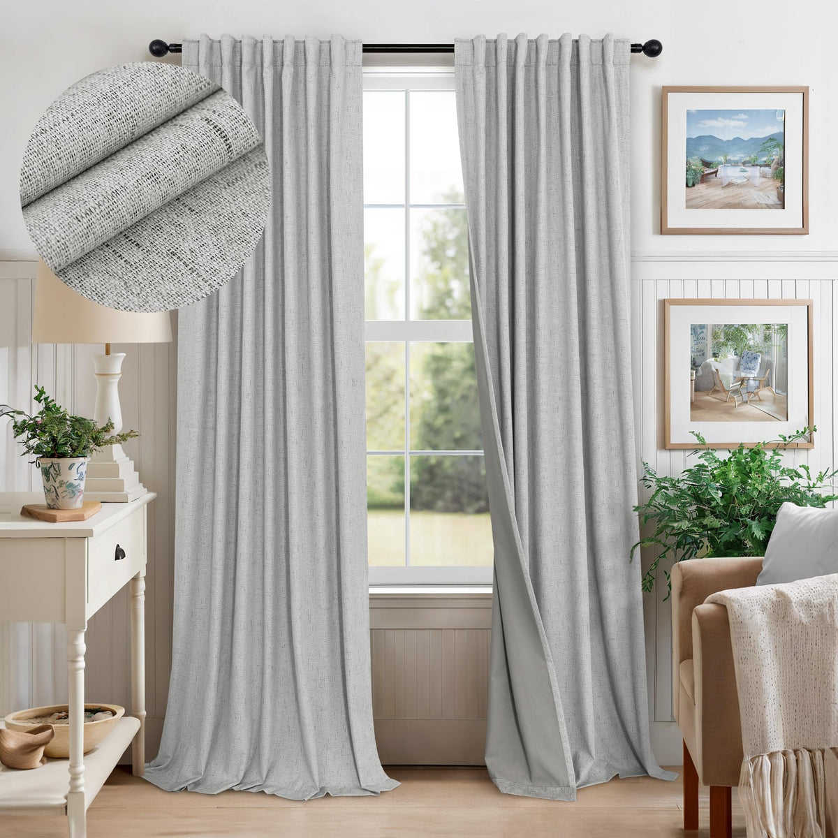 100% Blackout Curtains 84 Inch Length 2 Panels Set Neutral Boho Linen Farmhouse for Bedroom Windows Living Room Darkening Thermal Insulated Drapes Natural Cream Ivory 7ft Long Back Tab Pleated Pocket
