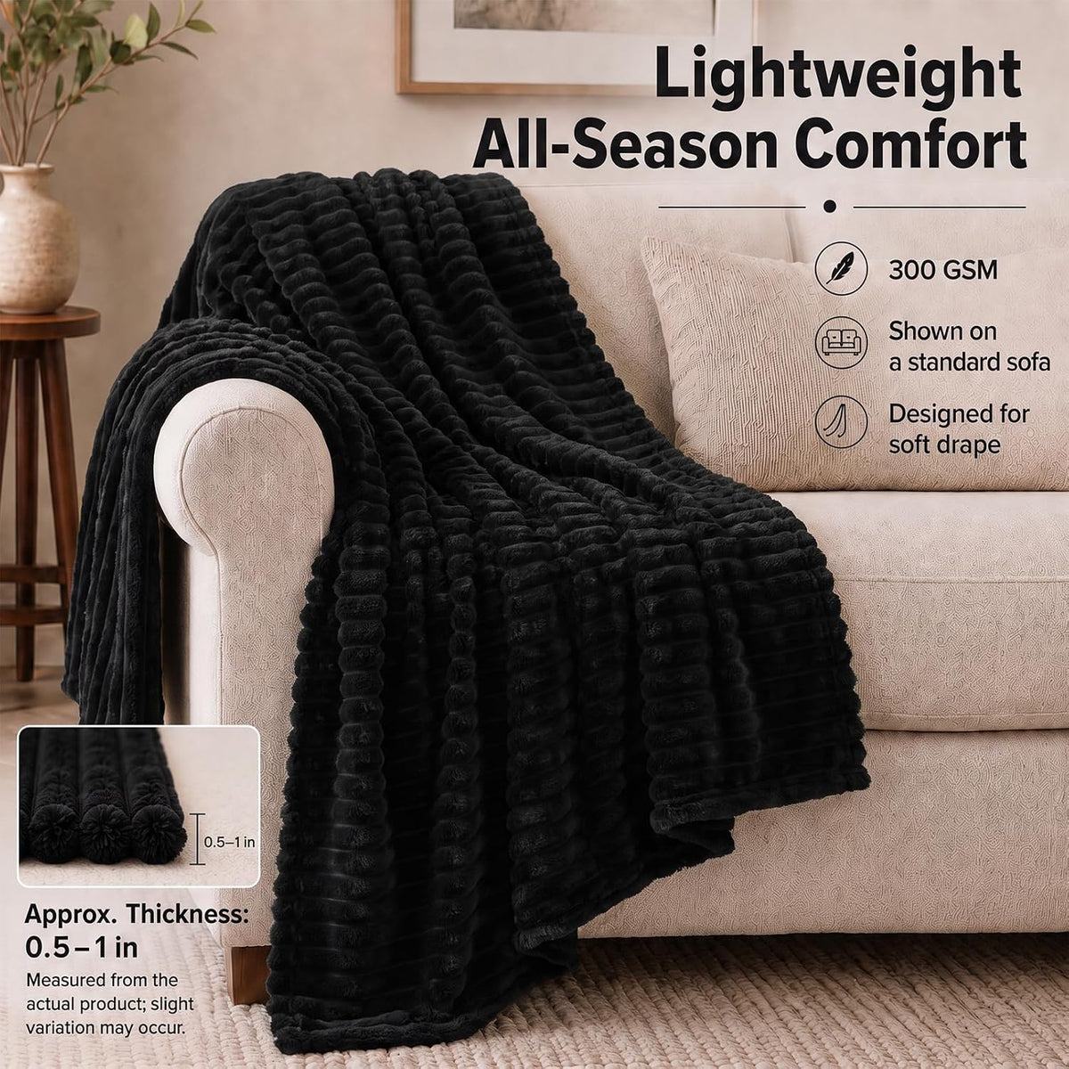 HIMEET Black Throw Blanket for Couch, 300GSM Ribbed Fleece, 50 x 60 Inches